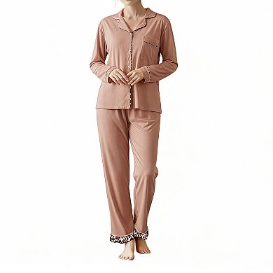 Women's Long Sleeve Pajama Set Button Down 2 Piece Loungewear with Leopard Trim