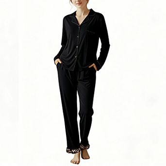Women's Long Sleeve Pajama Set Button Down 2 pc Loungewear with Leopard Trim