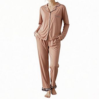 Women's Long Sleeve Pajama Set Button Down 2 pc Loungewear with Leopard Trim