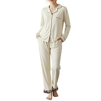 Women's Long Sleeve Pajama Set Button Down 2 pc Loungewear with Leopard Trim