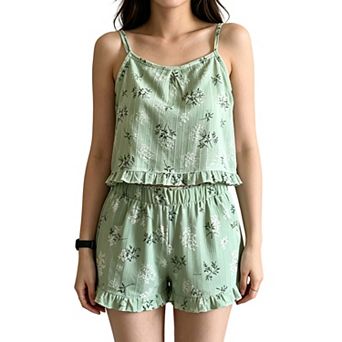 Women's Floral Print Cami Shorts Set Sleeveless Ruffle Trim Loungewear Pajama Set
