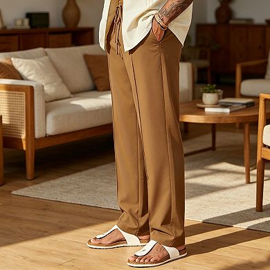 Men's Casual Drawstring Pants, Elastic Waist Straight Leg Trousers with Pockets