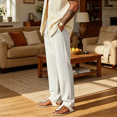 Men's Casual Drawstring Pants, Elastic Waist Straight Leg Trousers with Pockets