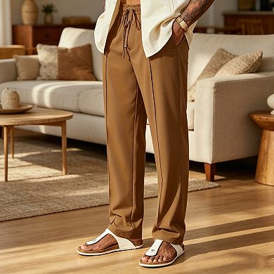 Men's Casual Drawstring Pants, Elastic Waist Straight Leg Trousers with Pockets
