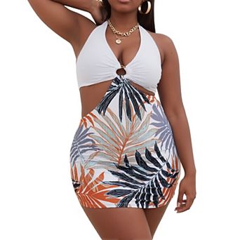 Plus Size Women's One Piece Swimsuit, Halter Neck Cutout Swim Dress