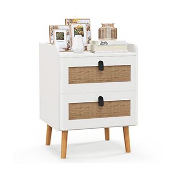Modern End Table With 2 Rattan Drawers and Raised Edge Top