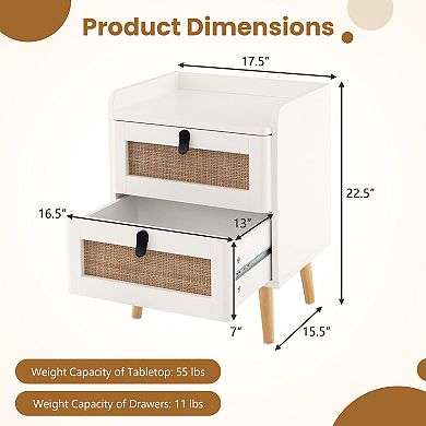 Modern End Table With 2 Rattan Drawers and Raised Edge Top