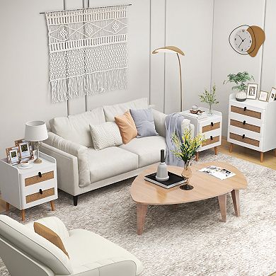Modern End Table With 2 Rattan Drawers and Raised Edge Top