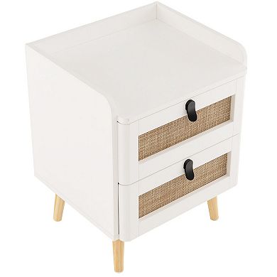 Modern End Table With 2 Rattan Drawers and Raised Edge Top