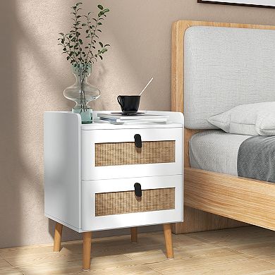 Modern End Table With 2 Rattan Drawers and Raised Edge Top