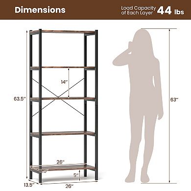 Industrial 5 Tier Bookshelf Open Storage Shelf with Steel Frame