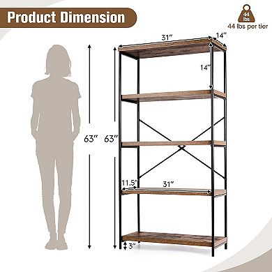 Industrial 5 Tier Bookshelf Open Storage Shelf with Steel Frame