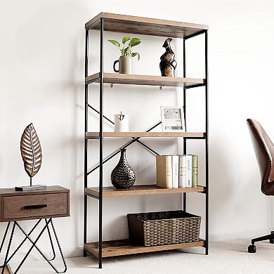 Industrial 5 Tier Bookshelf Open Storage Shelf with Steel Frame