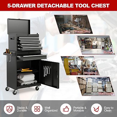 Rolling Tool Chest Cabinet With 5 Drawers Lockable Storage