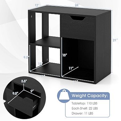 3 Cube Bookcase With Drawer, 2 Tier Wooden Storage Shelf