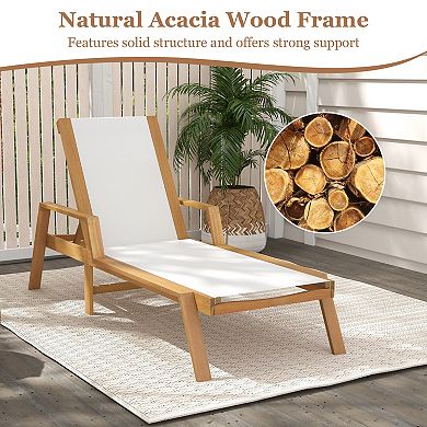 Patio Chaise Lounge Chair With 5 Position Backrest And Acacia Wood Frame