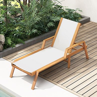 Patio Chaise Lounge Chair With 5 Position Backrest And Acacia Wood Frame
