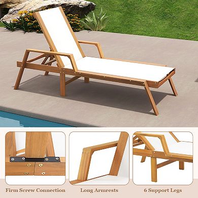 Patio Chaise Lounge Chair With 5 Position Backrest And Acacia Wood Frame