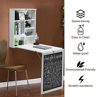 Wall Mounted Folding Desk Convertible Table With Chalkboard Storage