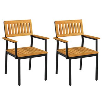 Patio Dining Chair Set of 2 with Acacia Wood and Metal Frame
