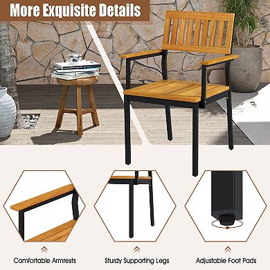 Patio Dining Chair Set of 2 with Acacia Wood and Metal Frame