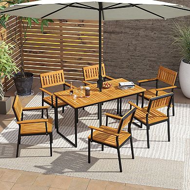 Patio Dining Chair Set of 2 with Acacia Wood and Metal Frame