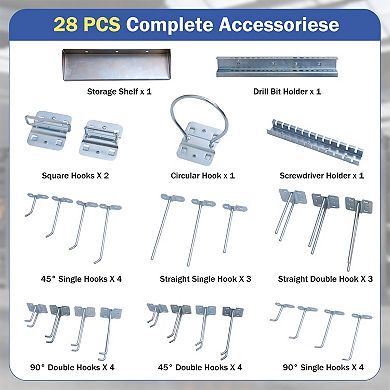 Wall Mounted Metal Pegboard Kit with 3 Panels and 28 Hooks