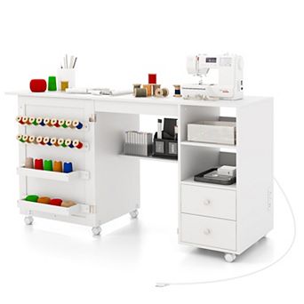 Folding Sewing Table With Charging Station and Storage Shelves