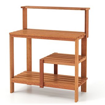 Outdoor Garden Potting Bench Solid Wood Planting Workstation With Open Shelves