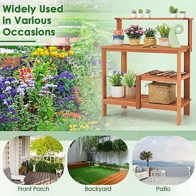 Outdoor Garden Potting Bench Solid Wood Planting Workstation With Open Shelves