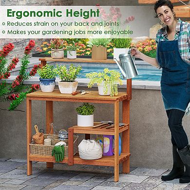 Outdoor Garden Potting Bench Solid Wood Planting Workstation With Open Shelves