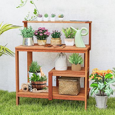Outdoor Garden Potting Bench Solid Wood Planting Workstation With Open Shelves
