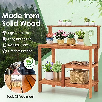 Outdoor Garden Potting Bench Solid Wood Planting Workstation With Open Shelves