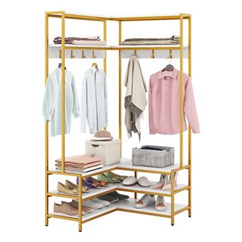 Corner Garment Rack with Shoe Bench, Open Shelves and 7 Hooks