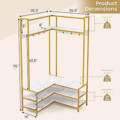 Corner Garment Rack with Shoe Bench, Open Shelves and 7 Hooks
