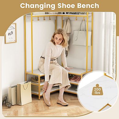 Corner Garment Rack with Shoe Bench, Open Shelves and 7 Hooks
