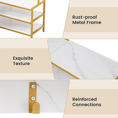 Corner Garment Rack with Shoe Bench, Open Shelves and 7 Hooks