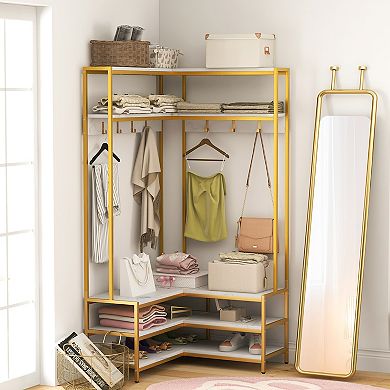 Corner Garment Rack with Shoe Bench, Open Shelves and 7 Hooks