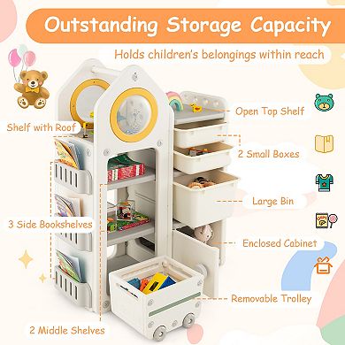 Kids Toy Storage Organizer and Bookshelf with Mobile Trolley