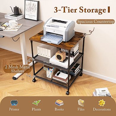 3 Tier Printer Stand Rolling Cart with Adjustable Shelf and Locking Wheels