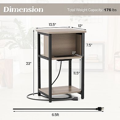 Narrow End Table With USB Ports and Power Outlets, 3 Tier Side Table