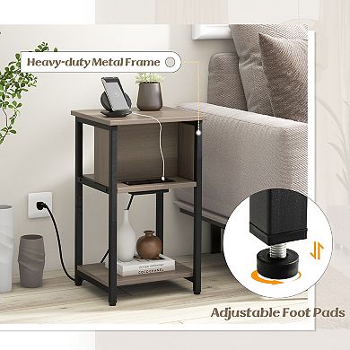 Narrow End Table With USB Ports and Power Outlets, 3 Tier Side Table