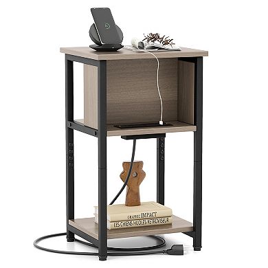 Narrow End Table With USB Ports and Power Outlets, 3 Tier Side Table