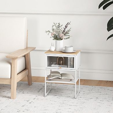 Nightstand With Flip Up Door Storage Shelf and 3 Tier Side Table