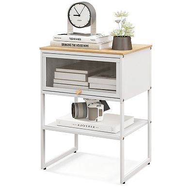 Nightstand With Flip Up Door Storage Shelf and 3 Tier Side Table