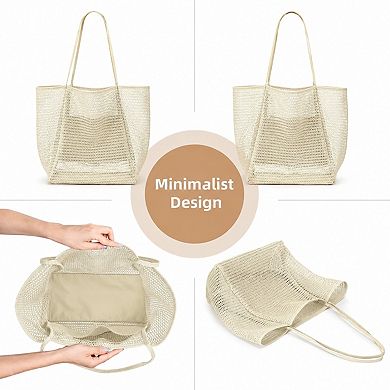 Mesh Tote Bag Large Capacity Lightweight Polyester Shoulder Handbag with Inner Pouch