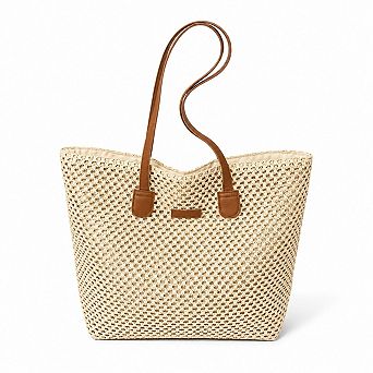 Woven Straw Tote Bag Faux Leather Handles Large Capacity Shoulder Handbag for Everyday Use