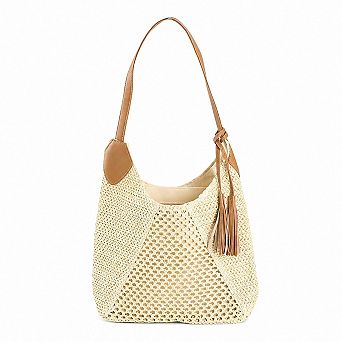 Woven Paper Fiber Shoulder Tote Bag Large Capacity Crochet Handbag with Tassel Accent