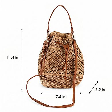 Woven Paper Fiber Bucket Bag Adjustable Strap Crochet Shoulder Handbag with Drawstring Closure