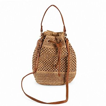 Woven Paper Fiber Bucket Bag Adjustable Strap Crochet Shoulder Handbag with Drawstring Closure